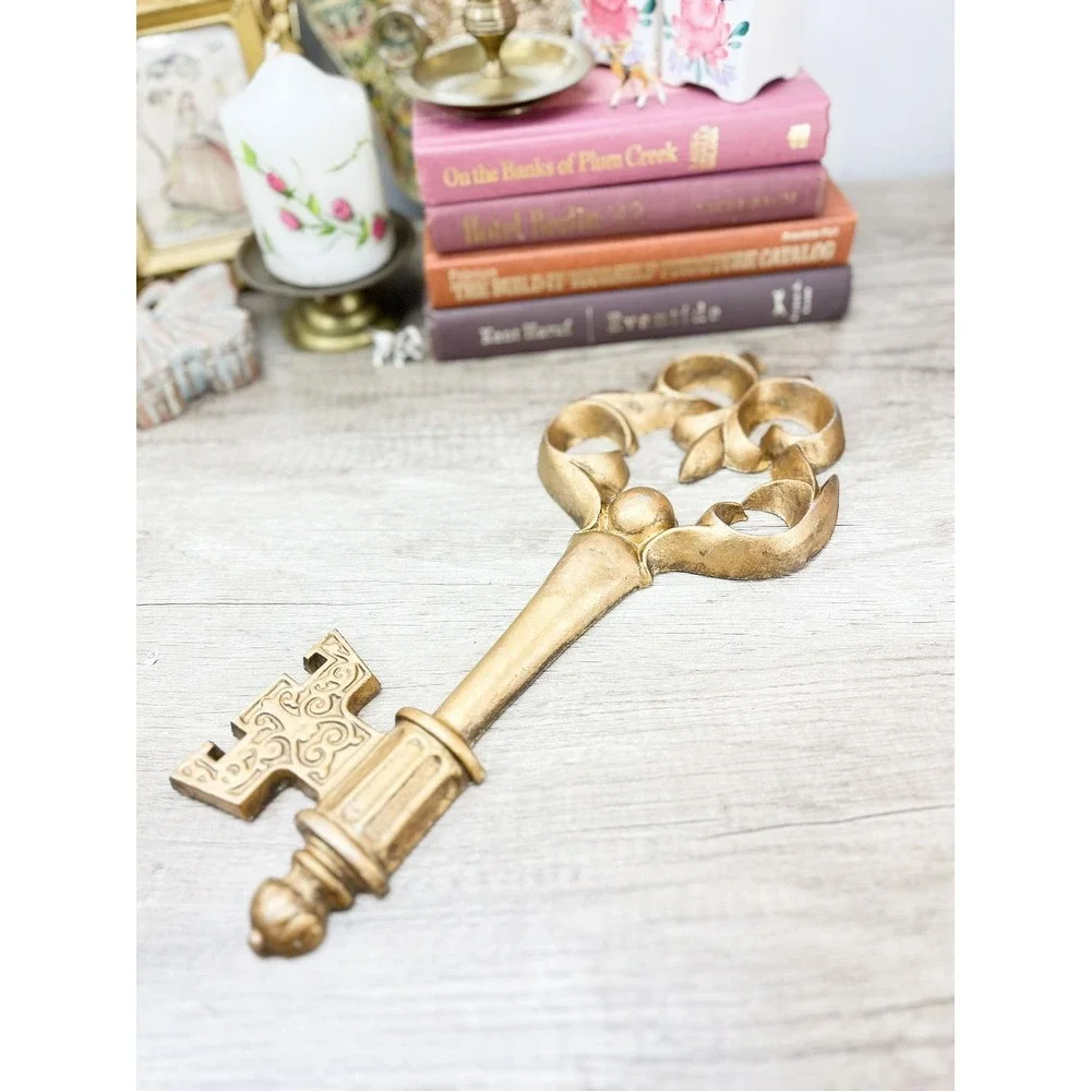 Heavy Faux Brass Ornate Gold Key - Cast Iron Wall Decor